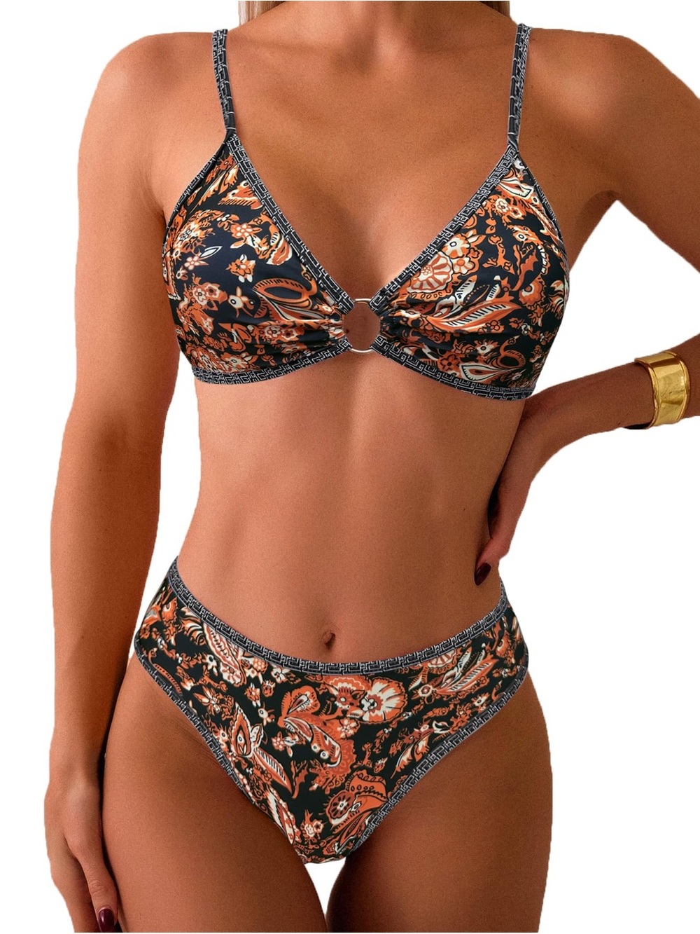Paisley Ring-Front Bikini Set in Black and Orange